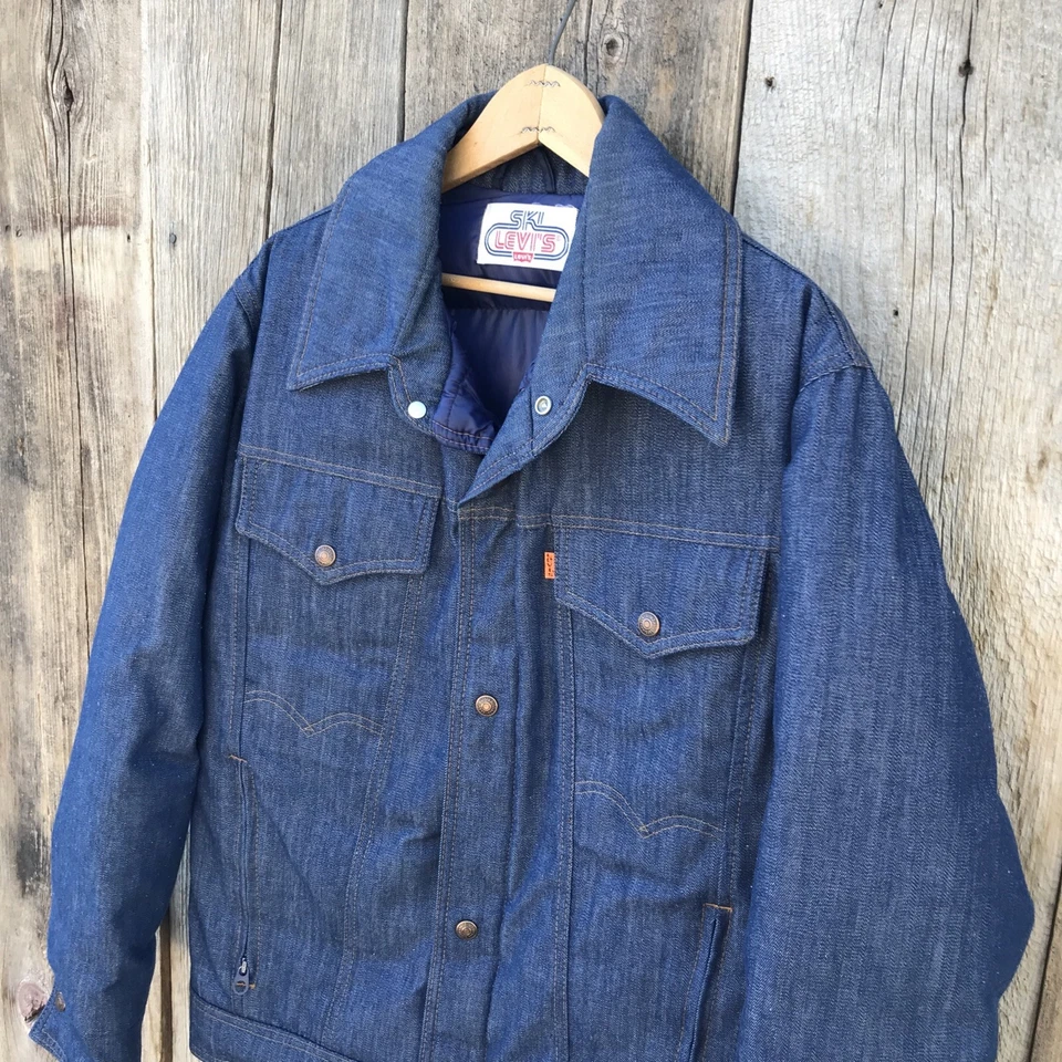 Chaqueta acolchada de plumón de ganso de mezclilla Levi's Ski vintage de los años 70 con lengüeta naranja talla grande RARA Foto 2 de 4