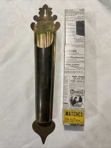 VTG Brass Fireplace Match Holder + NOS Box Of 90 Matches