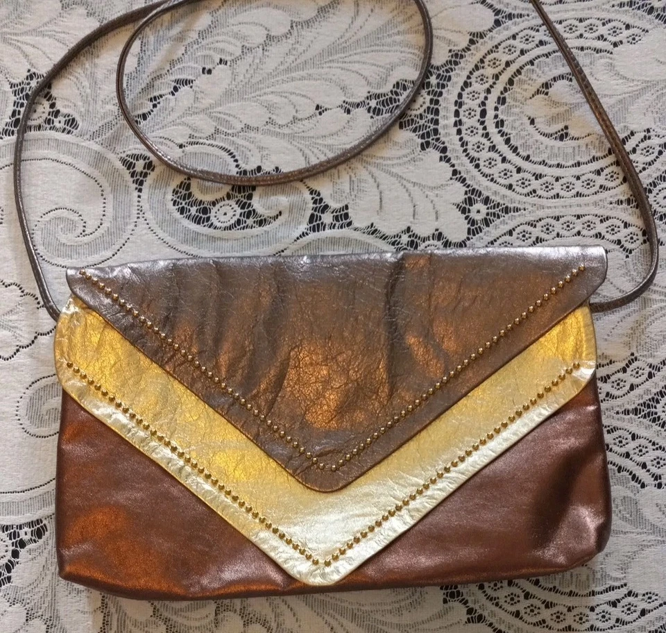 Cartera bandolera estilo sobre vintage Hobo metálica bronce dorado cuero marrón Foto 2 de 4