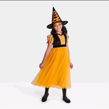 Kids Fancy Witch Halloween Costume Dress Hat 10-12 Large Orange-Black 5287