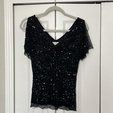 Papell Boutique Top Adrianna Papell Black Beaded Sequin Evening Chiffon Blouse