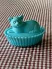 Rare Vintage Westmoreland Cat on Nest Slag Milk Glass - Lt. Blue