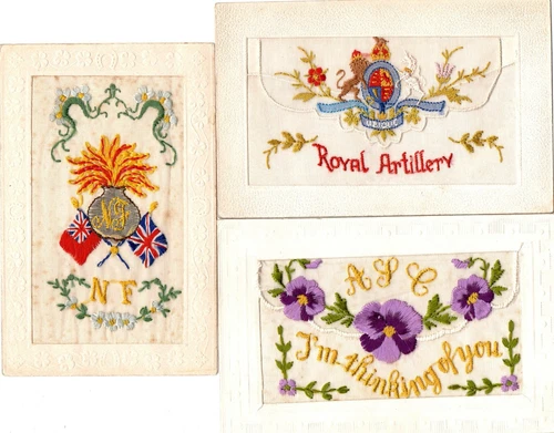 3x: MILITARY WW1 EMBROIDERED SILK POSTCARDS