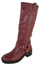 Berness Women Knee High Boots Buckle Riding Zip Block Heel SPENCER Wine Burgundy