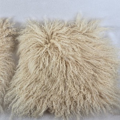 Pair of 2 Real Mongolian Sheep Hair Square Throw Pillow Covers Ivory Boho EUC