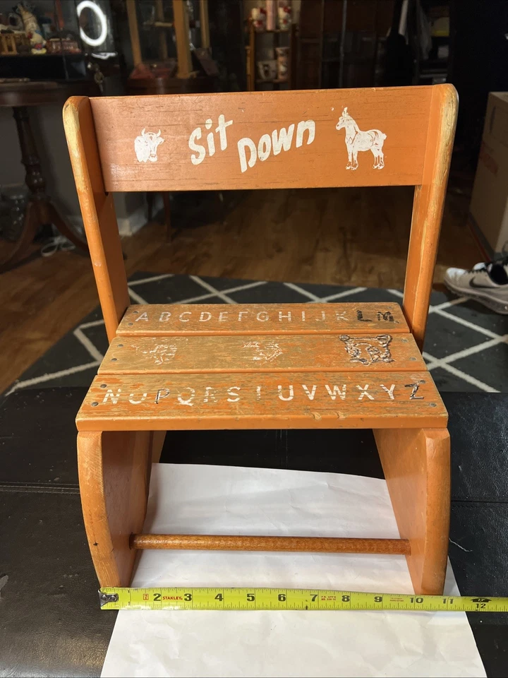 Silla de madera vintage para niños taburete combo sentarse y pararse 13” X 11” X 10,75 Foto 2 de 4