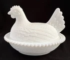 Vintage Indiana White Milk Glass Hen On Nest Covered Oval Beaded Dish 7"