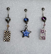 3 Belly Button Navel Rings Body Jewelry Blue Star  2 Rectangle Rhinestone .925