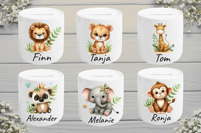 Spardose Sparschwein Kinder Name Tiere Tiger Löwe personalisiert Geschenk