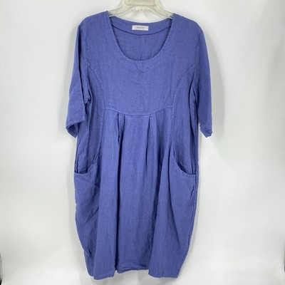 WoolOvers Blue Linen Pocket Dress Lagenlook Short Sleeve Womens US 12 UK 16