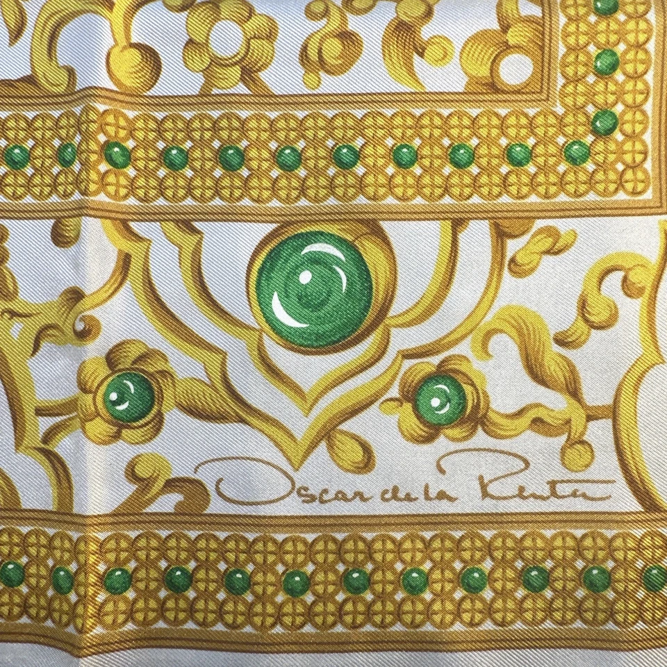 Vintage Oscar de la Renta Silk Scarf Abstract Geometric Green Gold 35” Square - Image 2 of 4