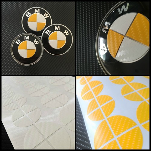 White & Yellow CARBON Fiber Roundel Decal for BMW BADGE EMBLEMS Rims Hood Trunk - Picture 2 of 5