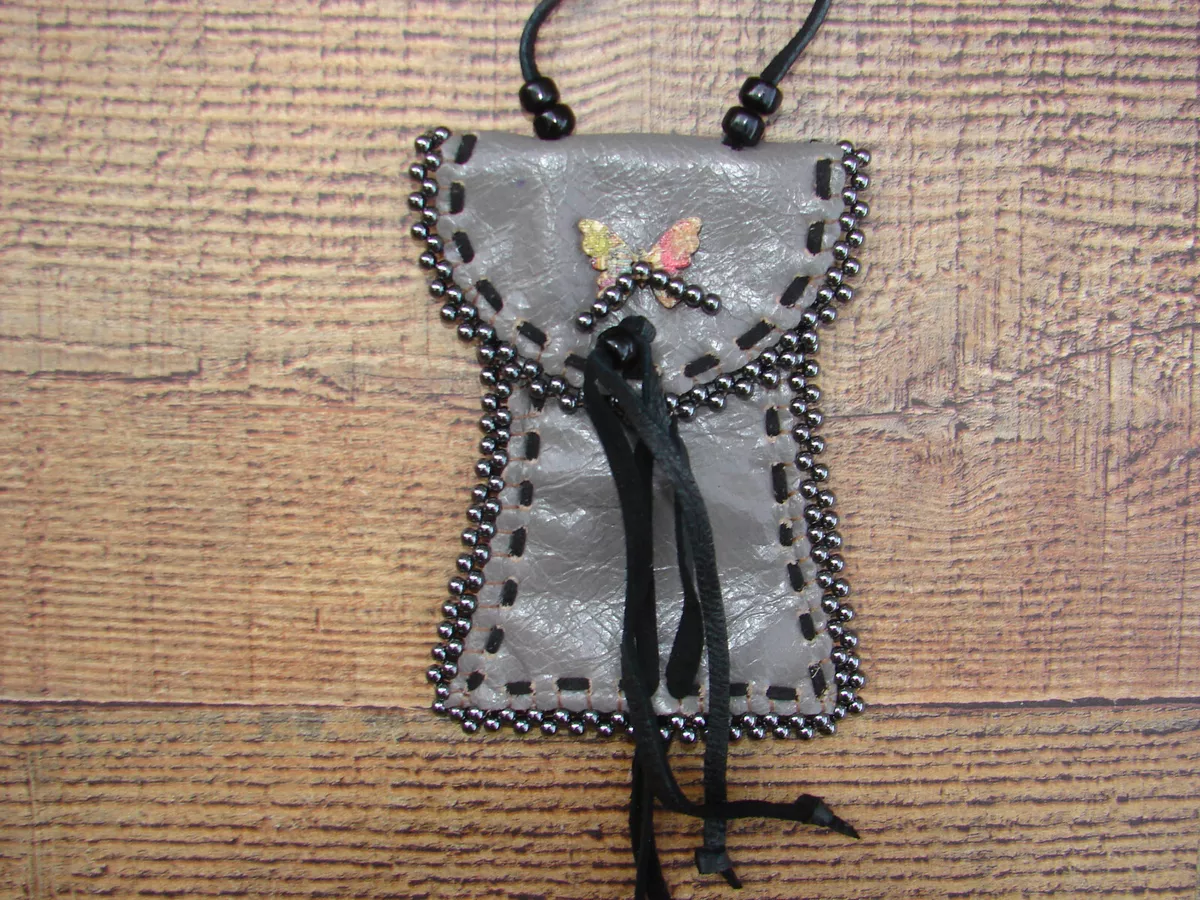 Native American Style Leather Beaded Medicine Bag Butterfly Necklace Pouch