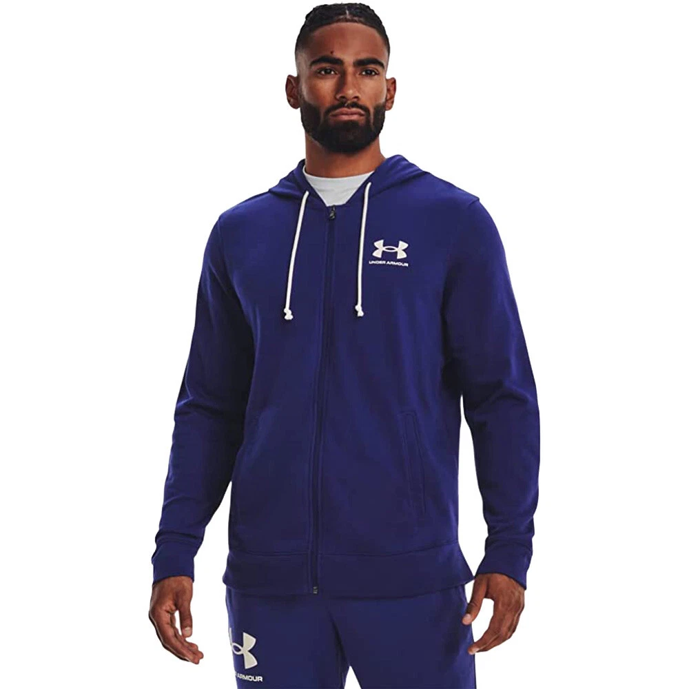 Under Armour Mens Rival Terry Full Zip Hoodie Blue White Sports