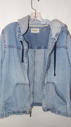 Vintage Eddie Bauer Jean Jacket Hoodie Lightweight STUCK ZIPPER