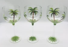 Hand Painted Wine Water Glass Goblet Balloon Palm Tropical - 8 1/2” - Set Of 3