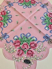 Beautiful New Pink Roses  Lily Of Valley Floral Handkerchief - LuRay Hankie 