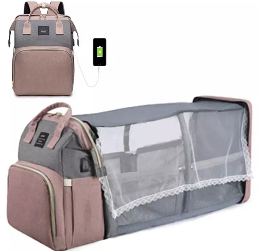 Mochila Plegable Para Mamá Bolsa Ligera Y Portatil Para Cuna Gran Capacidad Rosa