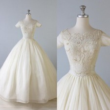Vintage Wedding Dresses A Line Short Sleeves Tulle White Ivory Bridal Gowns