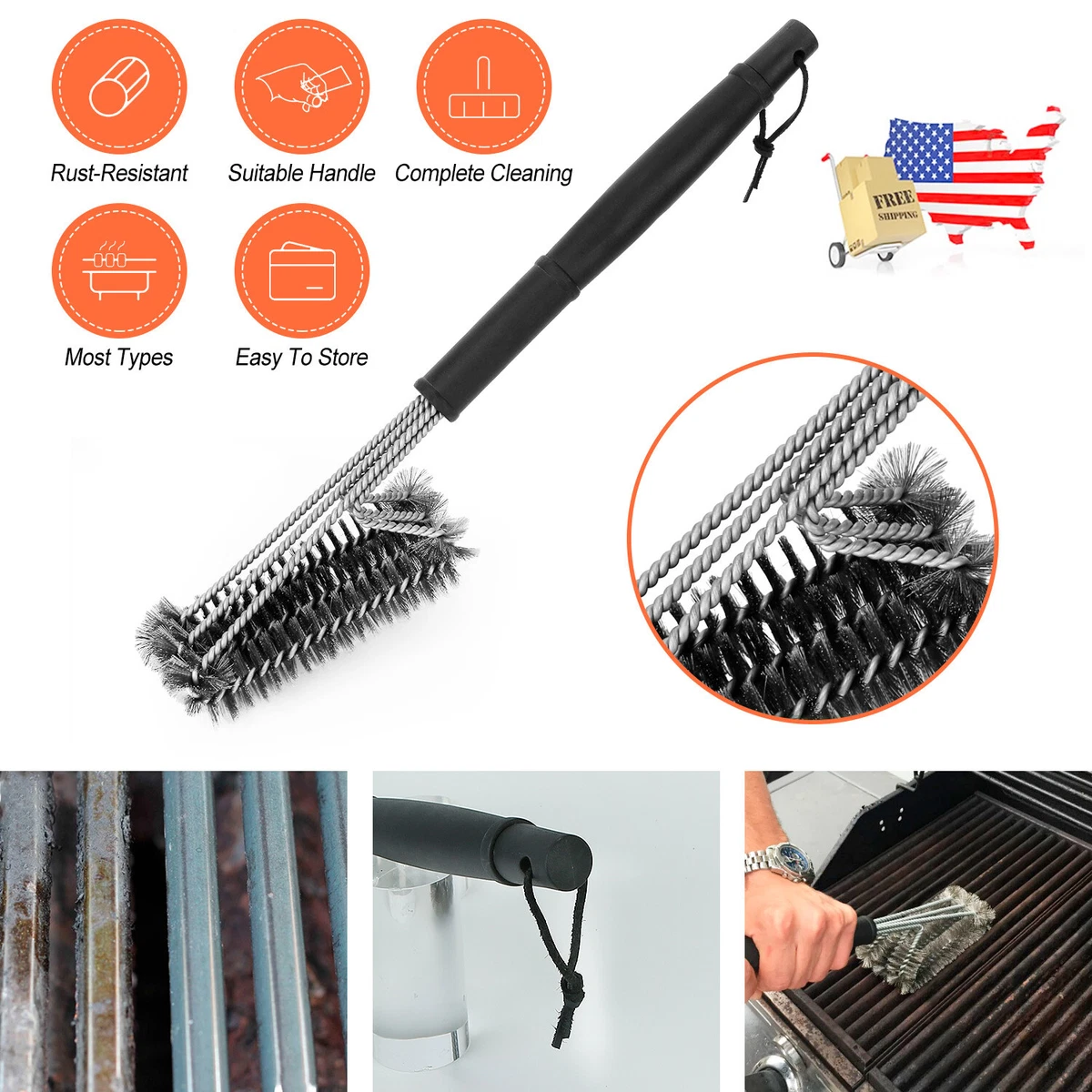 1 BBQ Grill Brush Scraper for Barbeque Steel Bristles Long Handle Heavy Duty