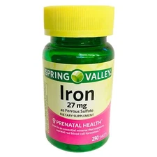 Spring Valley Iron 27mg Ferrous Sulfate Prenatal Health 250 Ct Tablets Exp 02/26