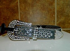 NEW Dark Grey Faded Black Leather Studded Belt W/ Fleur De Lis Size Sm Y2K