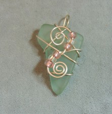 Silver Wire Wrapped Sea Beach Glass Pale Green Beaded Pendant Cg 88