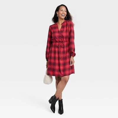 Women s Long Sleeve Plaid A Line Dress Knox Rose Red M eBay