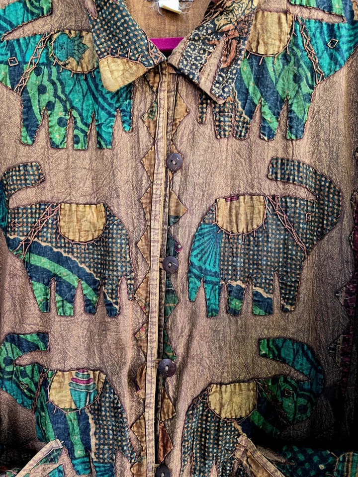 Chaqueta De Colección Años 90 Treska Elefante Apliques Algodón XL 2 Bolsillos Boho Artístico Hippie Foto 3 de 4