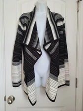 IVANKA TRUMP~ Black White Stripe Open-Front Cardigan Sweater~ Medium EUC