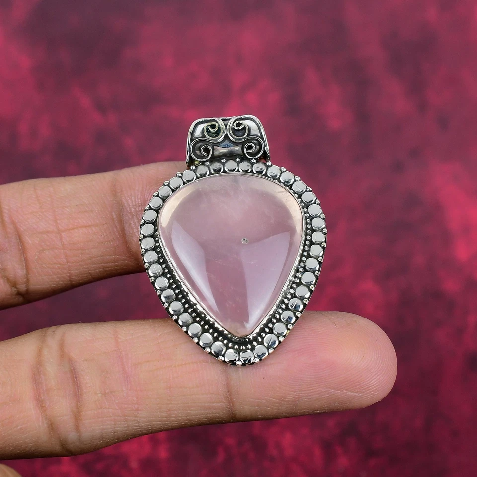 Colgante de plata de acero 925 hecho a mano con piedras preciosas equilibradoras de cuarzo rosa joyería Foto 4 de 4