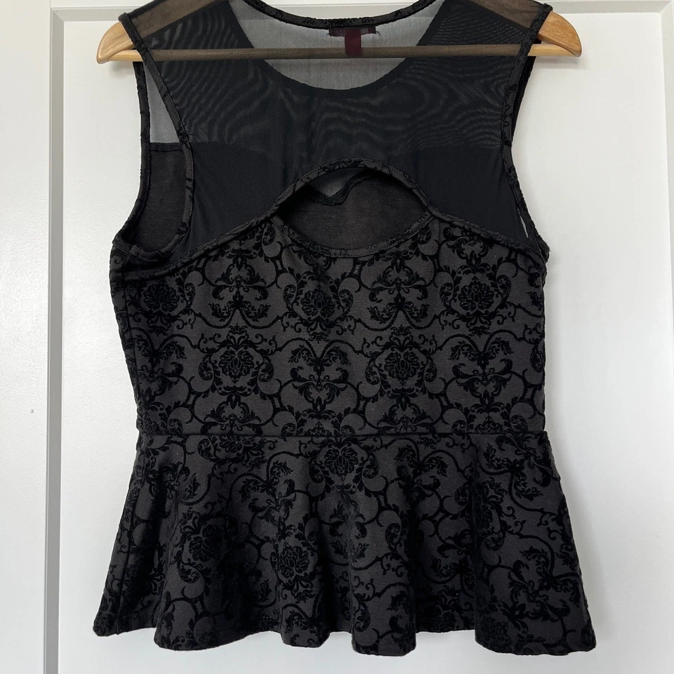 Bongo Sheer Jacquard Floral Sleeveless Peplum Top Pullover Black Women's Large Foto 3 de 4