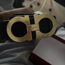 Salvatore Ferragamo Men's Black Dress Belt with Gold Buckle, Classic Style