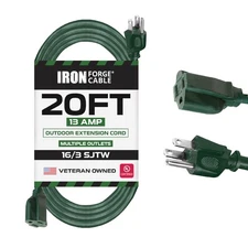 Iron Forge Cable 16/3 SJTW Green Extension Cable with 3 Prong, 20 Feet