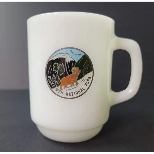 Vintage Anchor Hocking Rocky Mountain National Park Milk Glass Mug USA