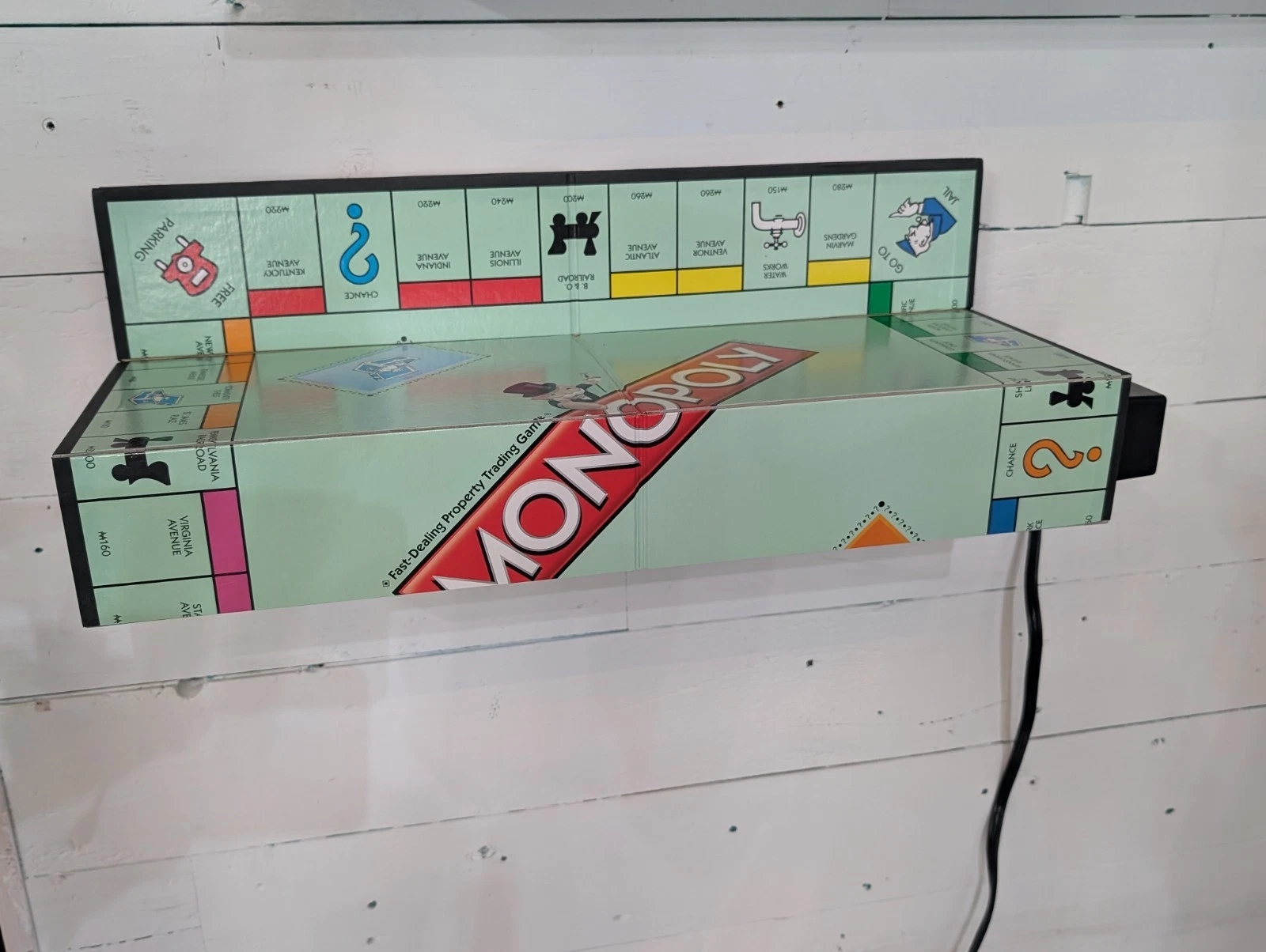 Floating Shelf with Power, Chargers & Hidden Compartment Upcycled Gameboard Art
