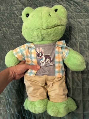 Build a Bear Spring Green Frog Plush 16  Stuffed Animal Khakis Tee Plaid Shirt