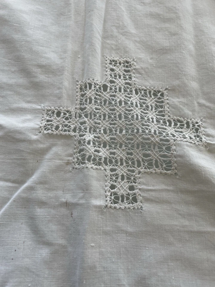 nappe ancienne en fil ajourée brodé main 170 cm sur 145 cm/7255V3 - Photo 3/4