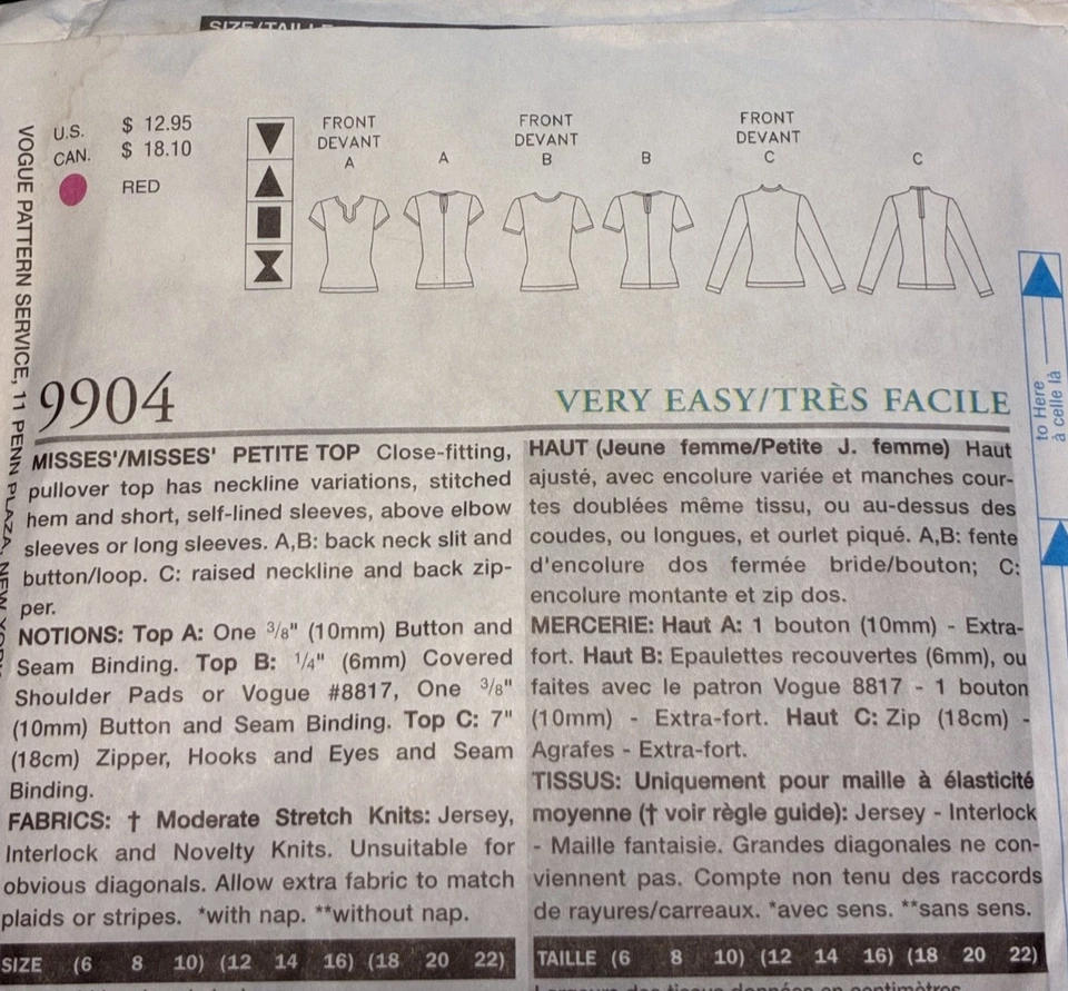 Vogue 9904  Womens 18-22 VERY EASY Vogue Collectibles Knit Tops Uncut - Image 3 of 4