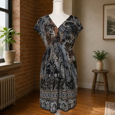 Y2K Boho Whimsigoth Paisley Print Dress Womens Small Black Brown Bohemian Casual