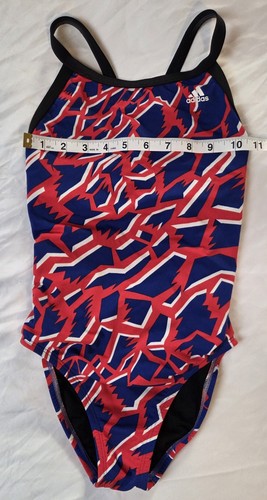 Adidas Kid's Size 26 Red, White & Blue Geometric Pattern One Piece Swimsuit - Picture 4 of 9