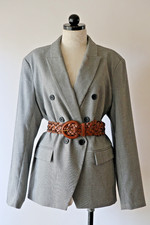 Nine West Gray Black Gingham Plaid Double Breasted Long Blazer Jacket Women XXL