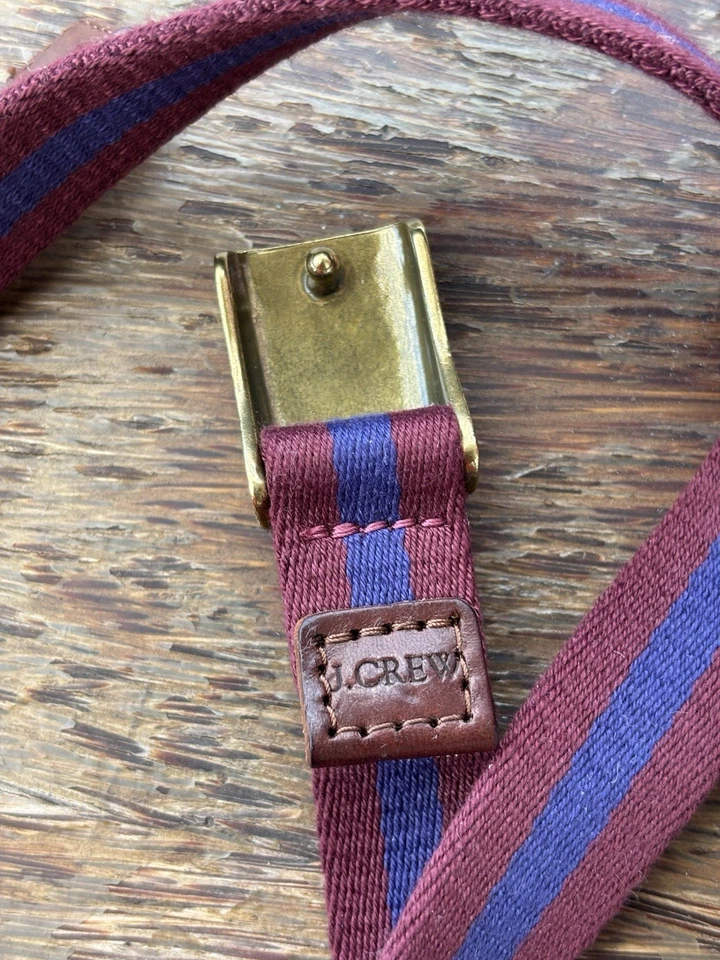 J. Cinturón de mujer Crew de lona de cuero granate/azul marino a rayas hebilla de latón talla M/L Foto 2 de 4