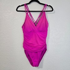 LA BLANCA One Piece Swimsuit Ruched V Neck Pink Adjustable Strap Size 12