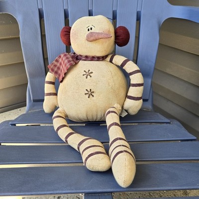 Honey And Me Primitive Snowman With Ear Muffs Rustic Fabric Christmas Decor.Read