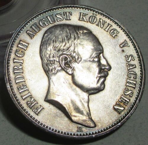 1914 E GERMAN STATES SAXONY SILVER 5 MARK GEM/BU TONED COIN. - 第 1/10 張圖片