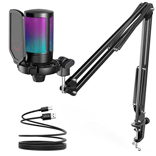 FIFINE Gaming PC USB Microphone, Podcast Condenser Mic with Boom Arm, Pop Fil