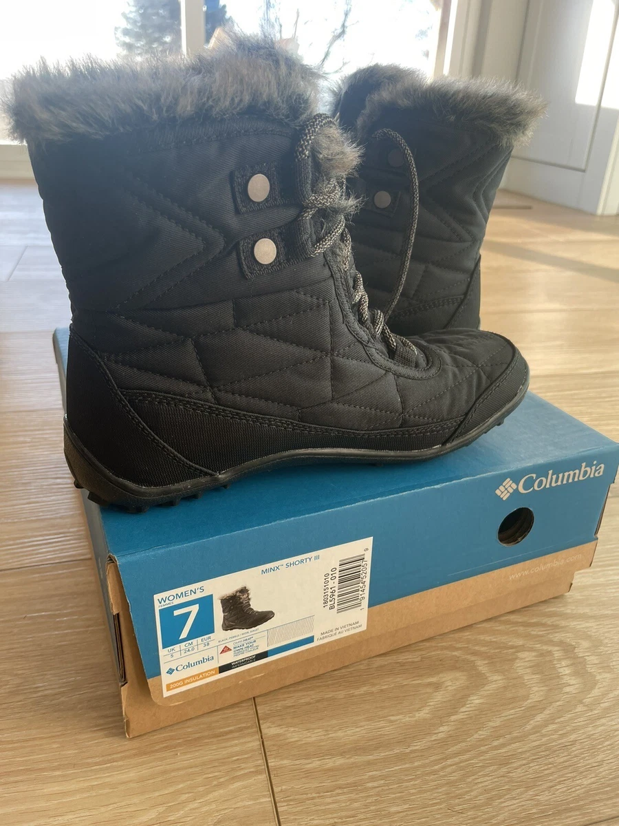 Columbia Women s Minx Shorty III Snow Boot Black Pebble Noir Size 7 Faux Fur