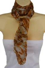Women Beige Brown Floral Long Stripes Retro Urban Artsy Fashion Long Scarf Wrap