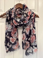 Unbranded Large Rectangular Scarf Pink Blue Floral Raw Edges Flowy So Pretty